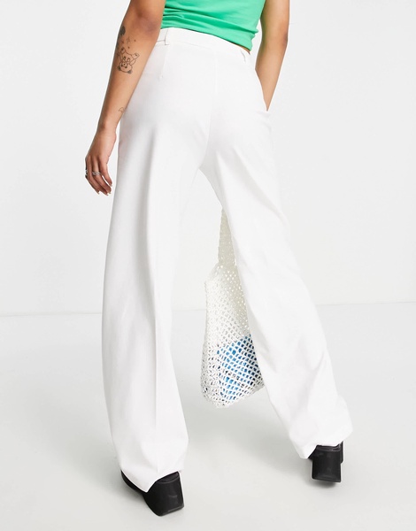 Bershka Petite wide leg slouchy dad tailored pants in off-white