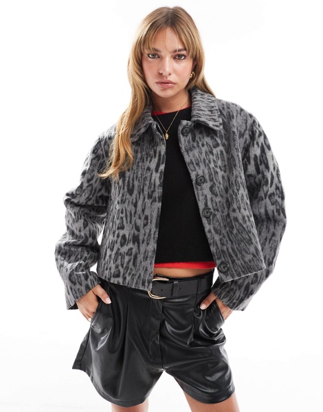 ASOS DESIGN formal top collar jacket in gray leopard print