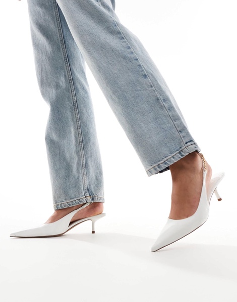 ASOS DESIGN Sharp slingback chain detail kitten heel shoes in white