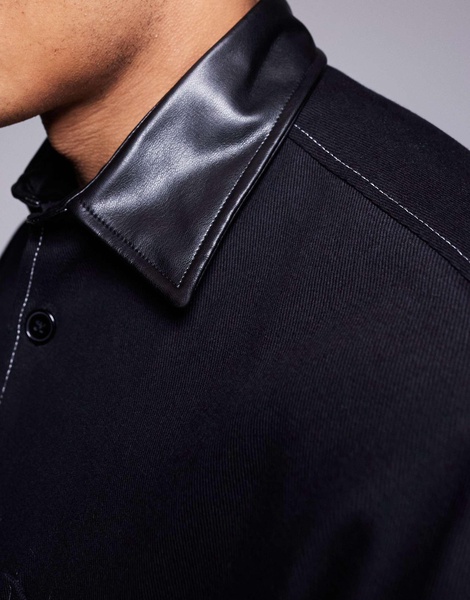 ASOS DESIGN oversized boxy overshirt with faux leather collar in black