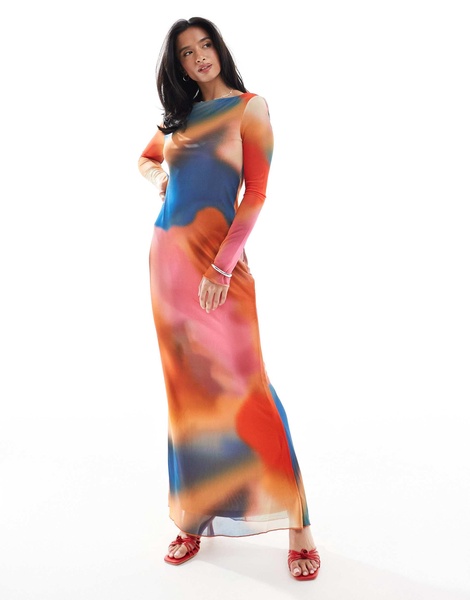 Vero Moda Petite long sleeved mesh maxi dress in sunset blue print
