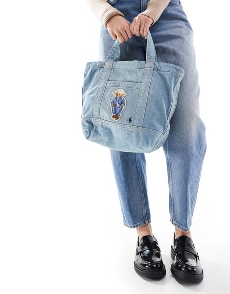 Polo Ralph Lauren bear denim tote bag in washed blue