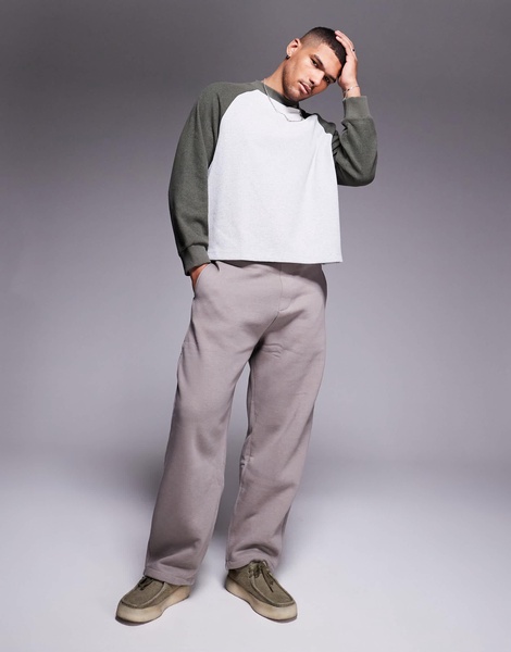 ASOS DESIGN oversized boxy waffle knit long sleeve raglan t-shirt in heather gray