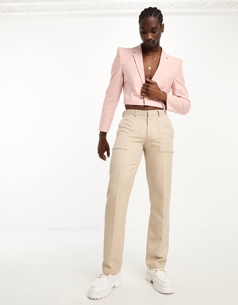 ASOS DESIGN cropped linen mix blazer with square shoulder in pink