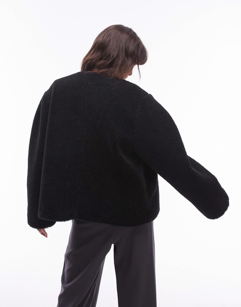 Topshop toggle collarless short borg coat in black