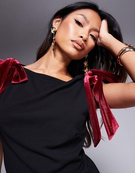 ASOS DESIGN burgundy velvet bow straps boat neck top in black