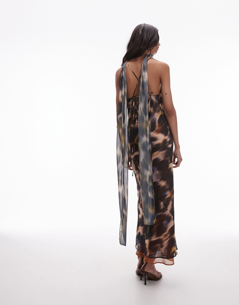 Topshop cowl slip midi dress in blurred multi print with scarf