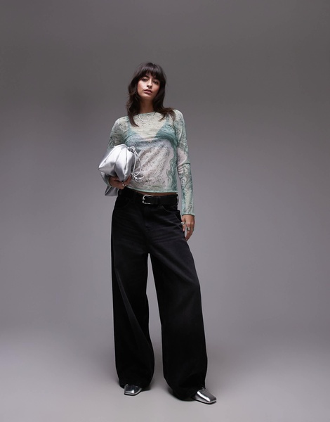 & Other Stories mesh long sleeve top in green marble print