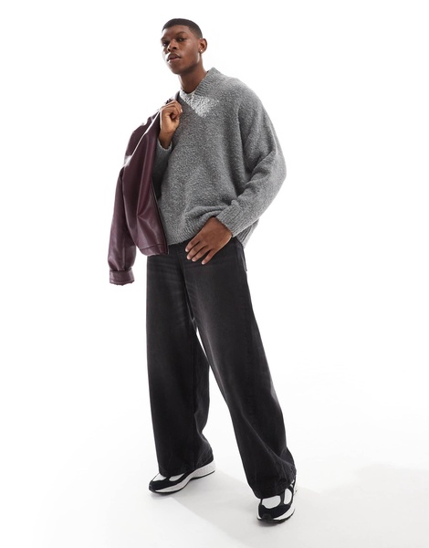 ASOS DESIGN super oversized boxy fit textured knit v neck sweater in gray