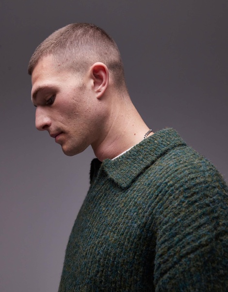 Topman relaxed open collar sweater in khaki