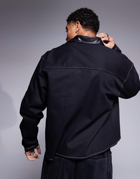 ASOS DESIGN oversized boxy overshirt with faux leather collar in black