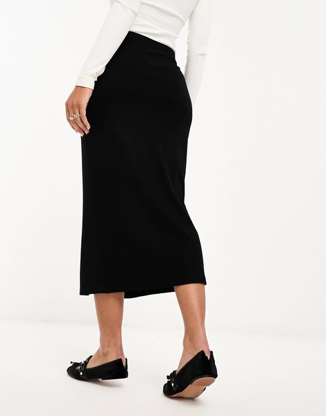 ASOS DESIGN ribbed midi skirt with horn buttons in black