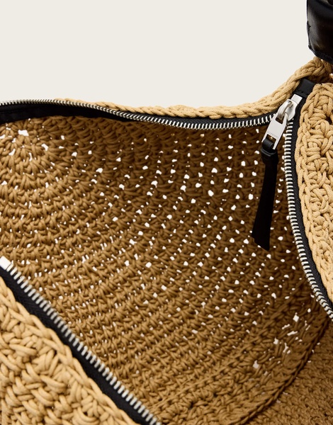 AllSaints half moon straw textured shoulder bag in natural brown