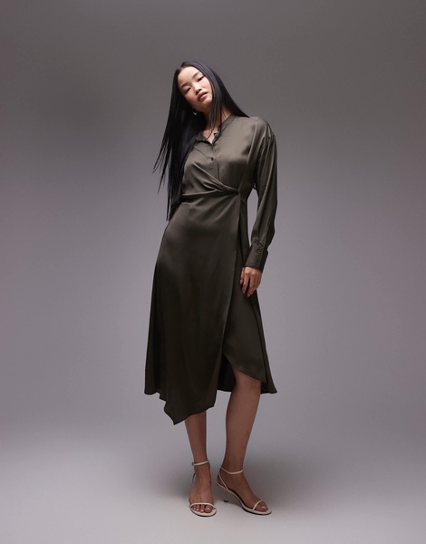 ARKET midi shirt dress with asymmetric drape detail in khaki green