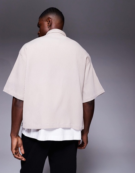 ASOS DESIGN overhead boxy plisse regular shirt in mushroom