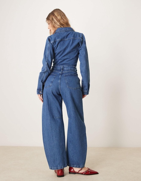 ASOS DESIGN denim barrel leg long sleeve jumpsuit in indigo