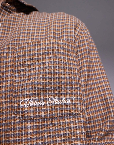 ASOS DESIGN boxy relaxed shirt in wool look check with chest embroidery in brown