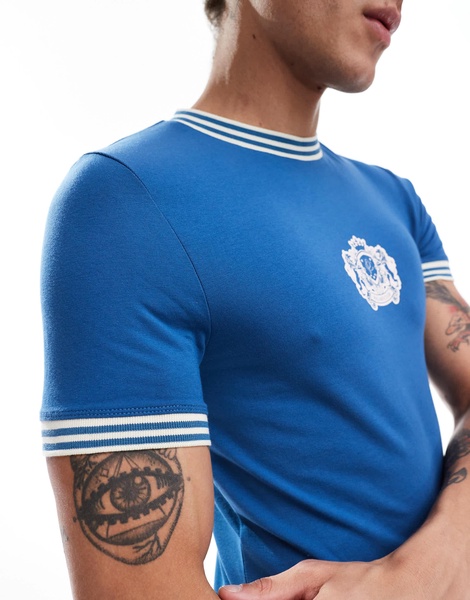 ASOS DESIGN cropped muscle ringer t-shirt with chest print in blue