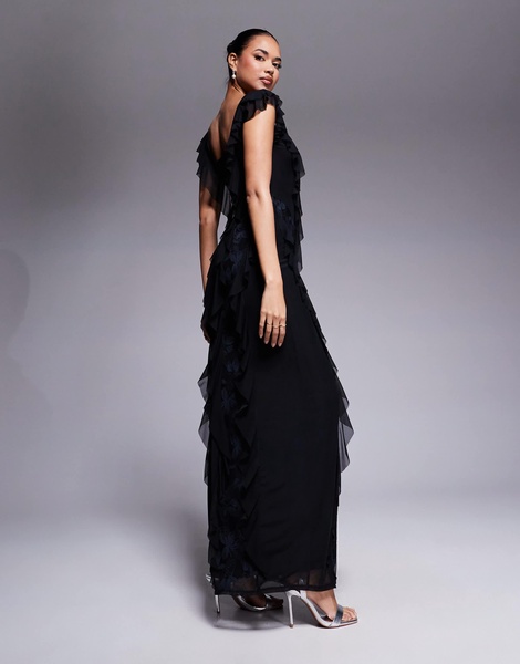 AFRM Trista mesh ruffle maxi dress with lace panels in black