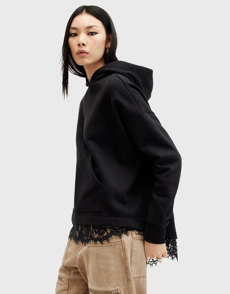 AllSaints Lee lace paneled oversized hoodie in black