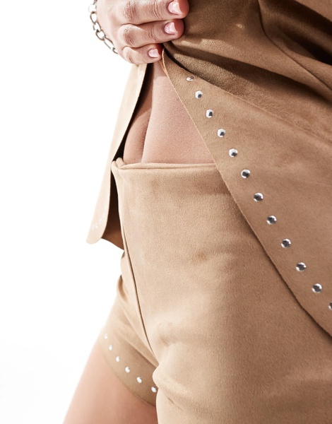 ASOS DESIGN faux suede hot pant short with studding in camel - part of a set