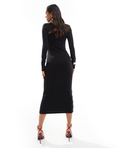 French Connection cozy knit crew neck midi pencil dress in black