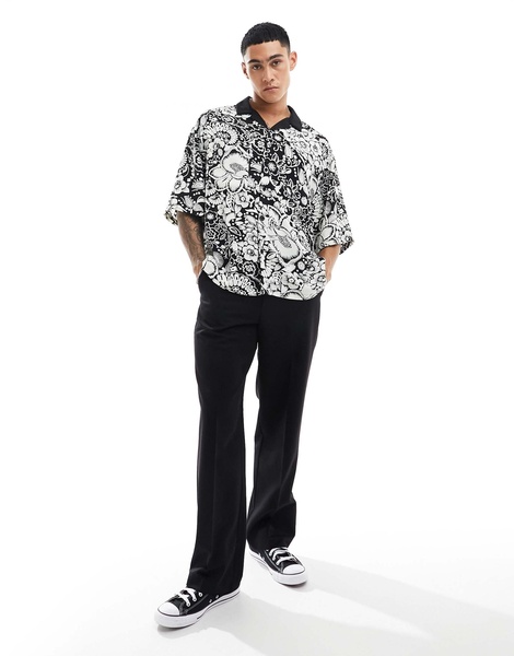 ASOS DESIGN boxy oversized revere shirt in black and white floral print