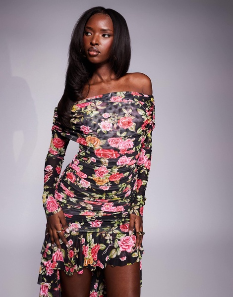 AFRM Kellie off the shoulder maxi dress with train detail in wallpaper rose print
