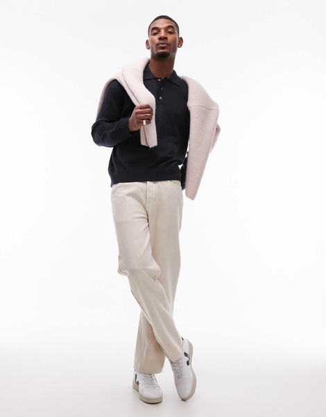 ARKET merino wool knit long sleeve polo shirt in navy