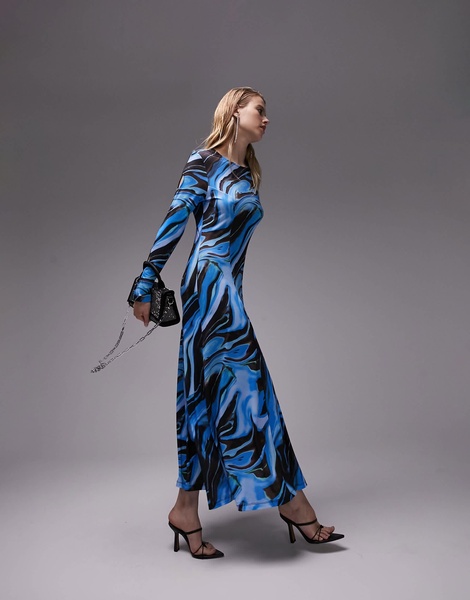 Topshop abstract swirl full skirt midi dress in blue