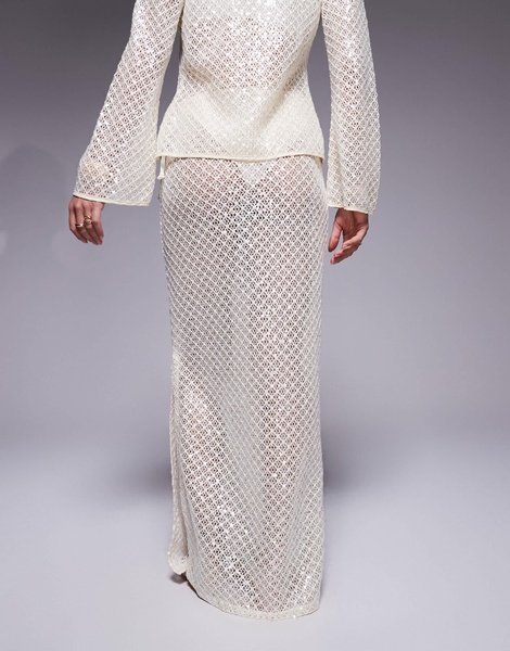 South Beach tie side sequin maxi beach skirt in cream