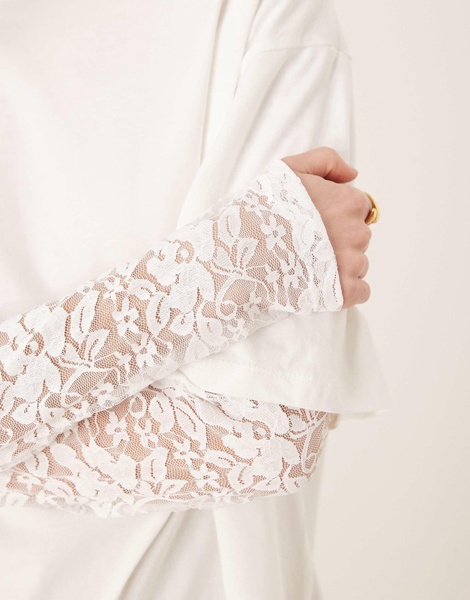 ASOS DESIGN oversized fit tee with lace sleeves in ivory