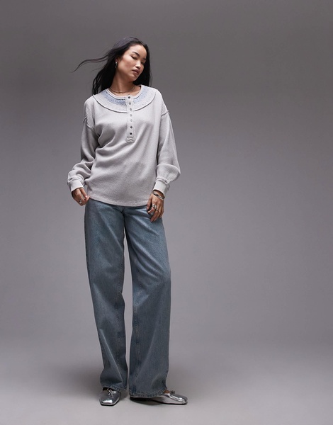 Free People stitch detail relaxed waffle henley sweatshirt in heather gray