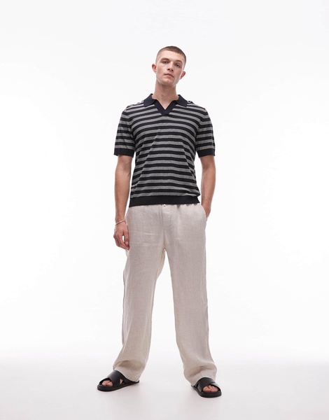 ARKET cotton linen knitted shirt sleeve polo shirt in stripes