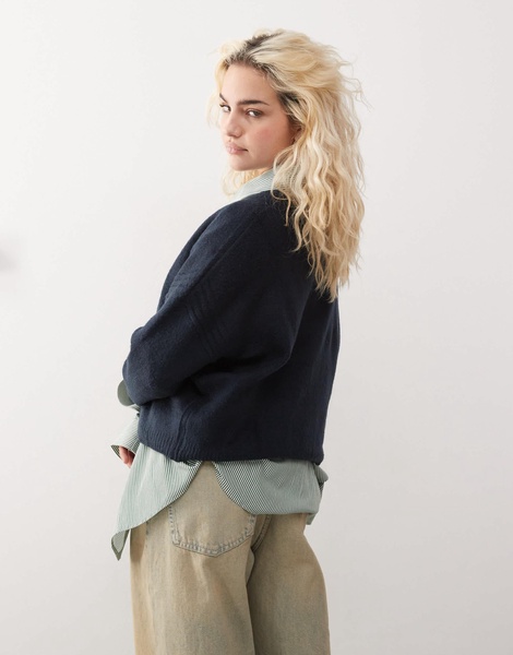 COLLUSION v neck meet and greet sweater with arm rib in navy