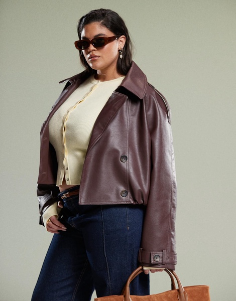 ASOS DESIGN Curve leather look bomber trench coat in chocolate