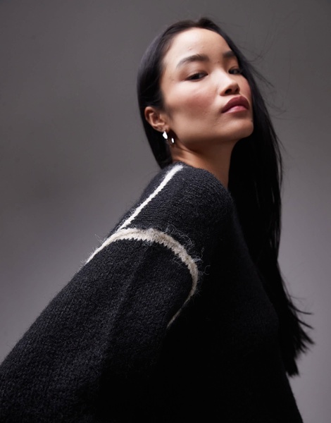 Topshop knitted exposed contrast seam oversized sweater in black