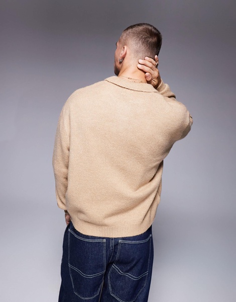 ASOS DESIGN oversized boxy fit knit polo shirt in stone