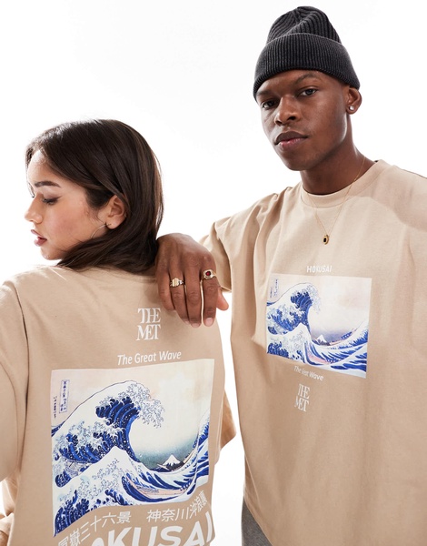 ASOS DESIGN unisex boxy oversized license t-shirt with Hokusai Wave prints in beige