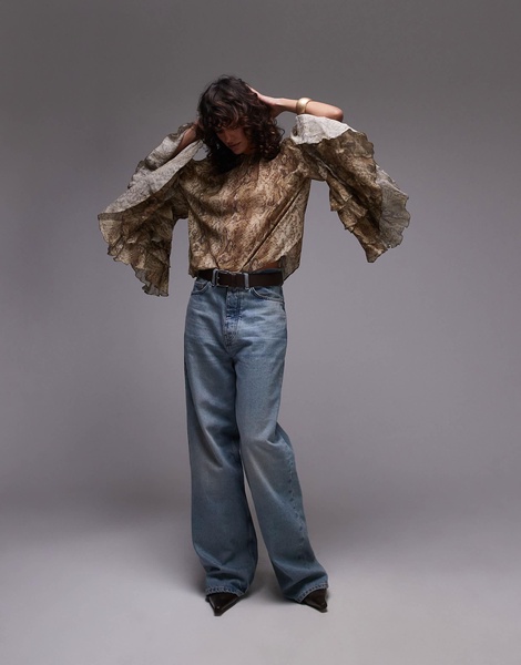Mango snake print ruffle sleeve blouse in brown