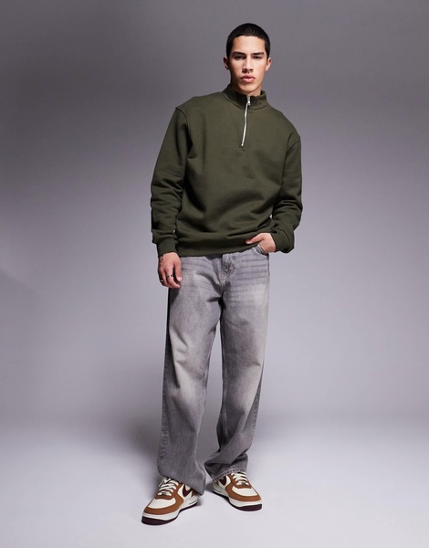ASOS DESIGN premium heavyweight boxy oversized quarter zip sweatshirt 400gsm in khaki