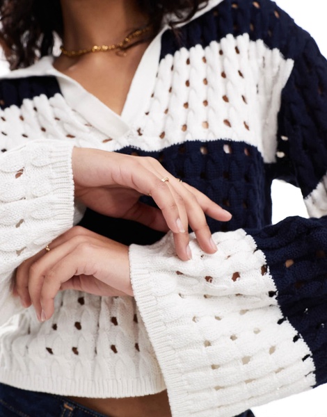 Miss Selfridge striped open stitch crochet long sleeve polo sweater