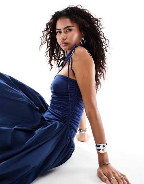 Amy Lynn Alexa shoulder tie puffball midi dress in navy