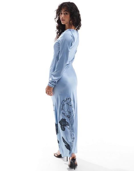 ASOS DESIGN satin bias maxi dress with embroidery in slate blue