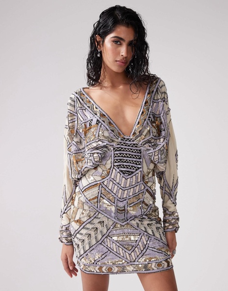ASOS DESIGN embellished batwing mini dress in stone