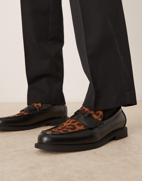 ASOS DESIGN penny loafers in black with leopard print