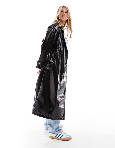 ASOS DESIGN high shine leather look trench coat with contrast stitch in black