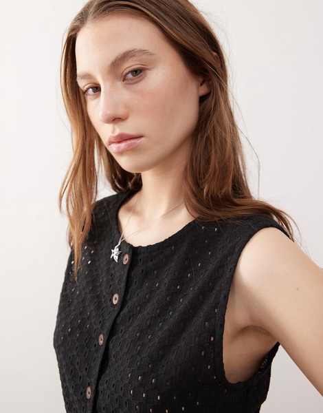 Reclaimed Vintage broderie button through vest in black