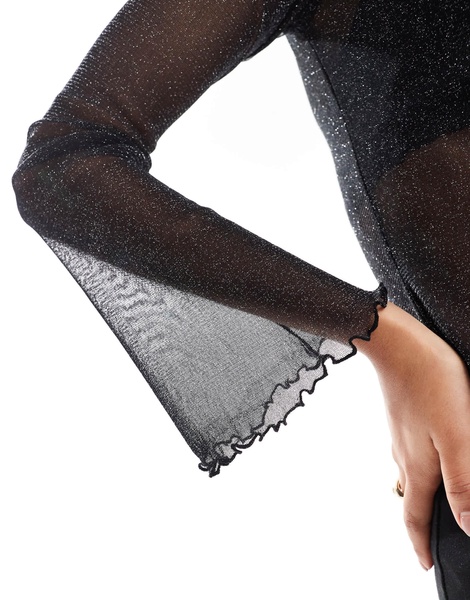 ASOS DESIGN glitter mesh sheer angel sleeve top in black