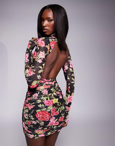 AFRM Lavina long sleeve backless mini dress in wallpaper rose print